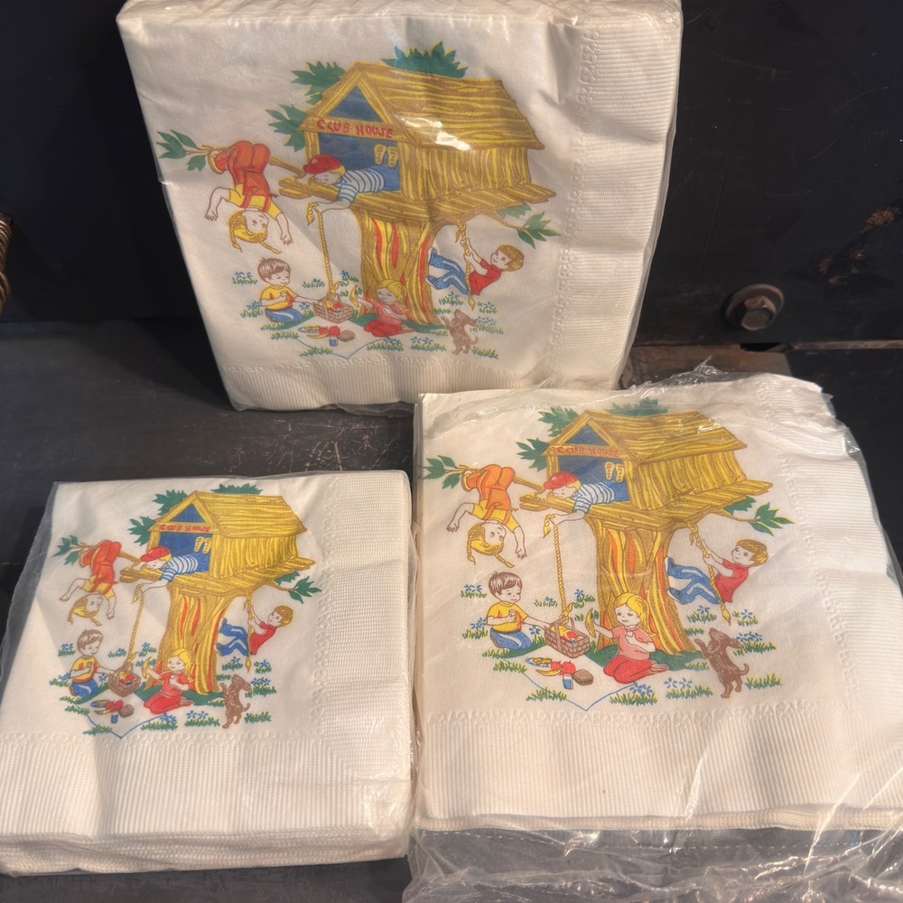 Vintage Paper Napkins Sealed Lot Treehouse Kids Print C A Reed 1970s Luncheon